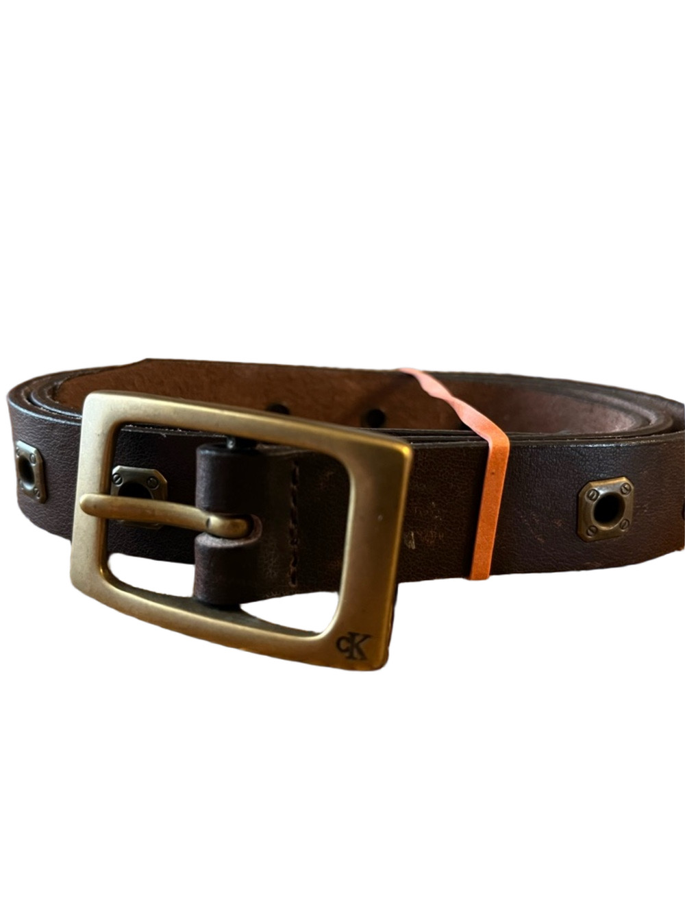 Vintage Calvin Klein Leather Belt Brass Buckle Grommet Studded Brown Y2K Size M